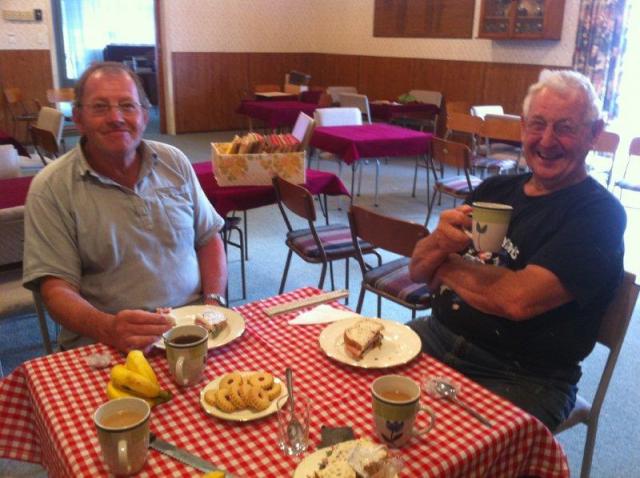 sprucing up clubrooms: Will (left) and Merv enjoy a well earned lunch